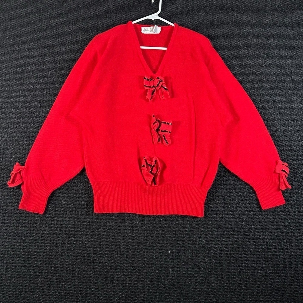 Marisa Christina Red Angora Rabbit Hair Blend V-Neck Bow Sequin Sweater M75
